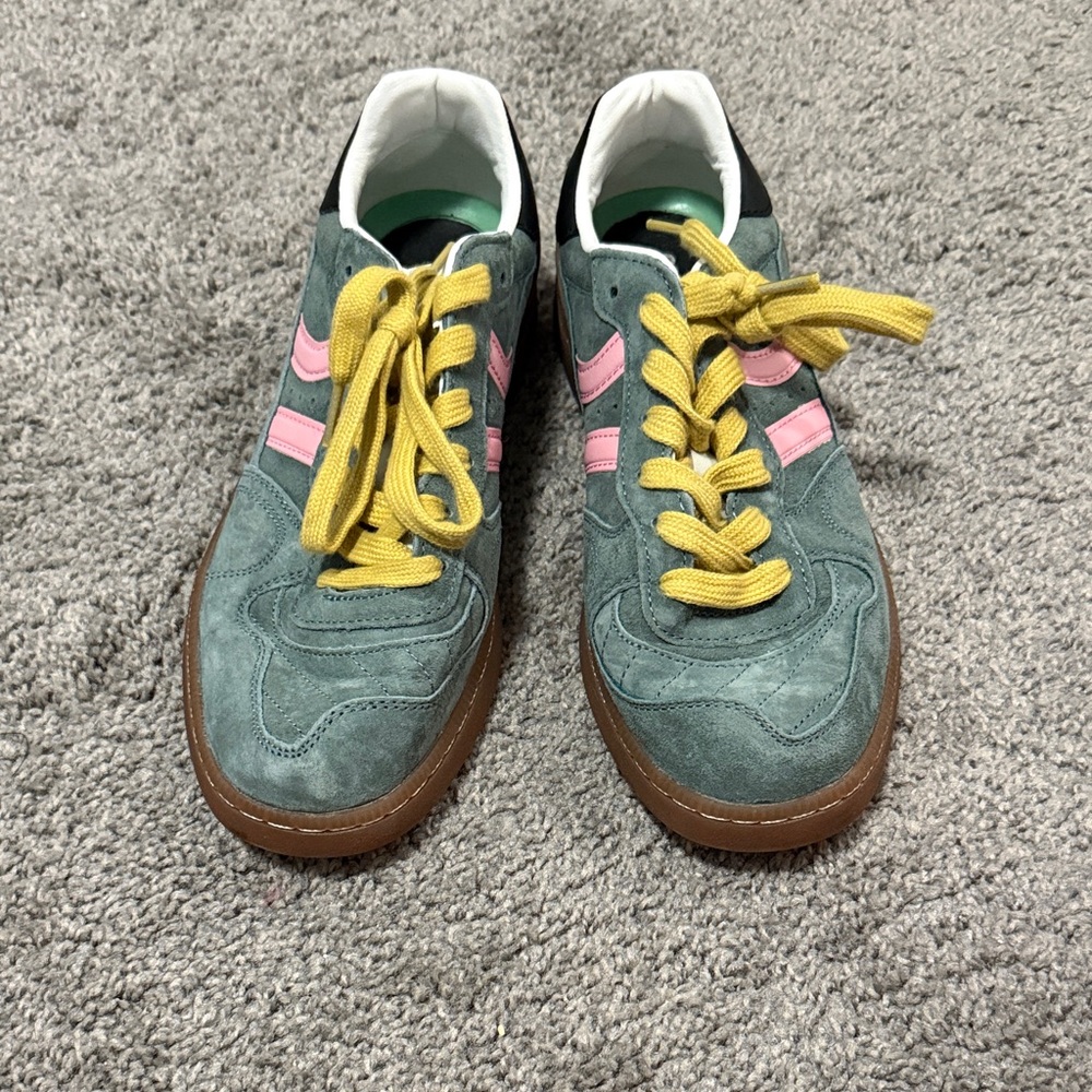 Coolway Teal Green Suede Sneakers with Pink Stripes and Yellow Laces